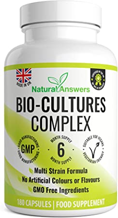 Vegan Bio Cultures Complex - 180 Capsules – 1 Billion CFU with 5 Bacteria Strains Per Serving - Max Strength & Potency Digestive Enzyme Capsules - Includes Lactobacillus Acidophilus & Bifidobacterium