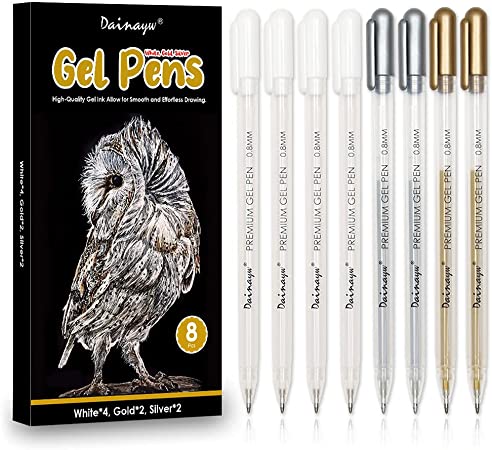 Dainayw 3 Colors Gel Pen Set - White, Gold and Silver 0.8 mm Nibs Gel Ink Pens, Archival Ink Rollerball Pens for Black Paper Drawing, Sketching, Illustration Design and Adult Coloring Book, Pack of 8