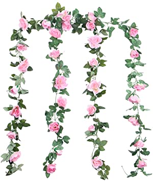 Foraineam 2PCS(16FT) Artificial Rose Vine Garland Silk Hanging Roses Fake Flowers String Artificial Plants Indoor Outdoor Decor (Pink)