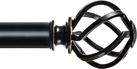 KAMANINA Black Curtain Rod 32 to 86 inch(2.6-7.1ft), 1 inch Adjustable Single Curtain Rods for Windows, Decorative Drapery Rod with Twisted Cage End