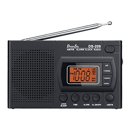 DreamSky Portable AM /FM Radio Alarm Clock, Clear Loudspeaker , Earphone Jack , 12 /24H Time Display With Backlight , Ascending Alarms , Battery Operated , Sleep Timer . AA Battery Included .