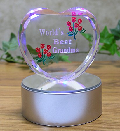 Light up LED Heart for Grandma - World's Best Grandma - Etched Glass Heart on LED Lighted Base