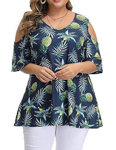 Allegrace Women's Plus Size Floral Printing Cold Shoulder Tunic Top Short Sleeve V Neck T Shirts