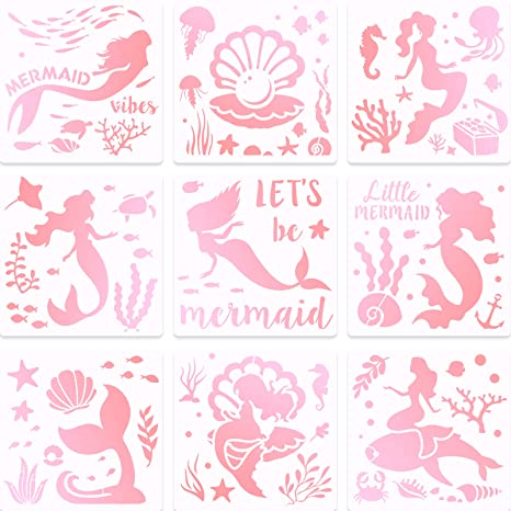 9 Pieces Mermaid Stencils 8 Inches Pearl, Shell, Seahorse, Jellyfish, Mermaid Theme Painting Template for Art Card Making Log Scrapbook DIY Furniture Wall Floor Paintings on Wood Fabric