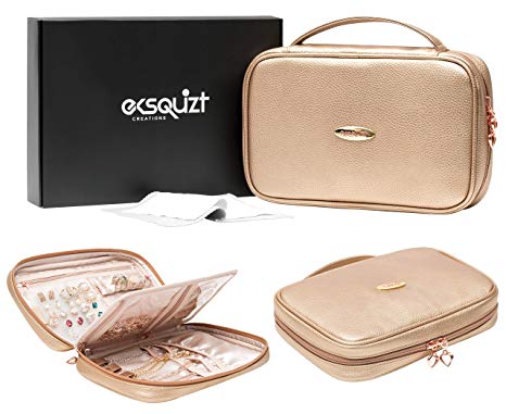 EKSQUIZT Creations Compact Travel Jewelry Organizer Case for Rings Bracelets Earrings Tangle-Free Necklaces - Small Travel Jewelry Case Organizer with Jewelry Cleaner (in Gift Box)