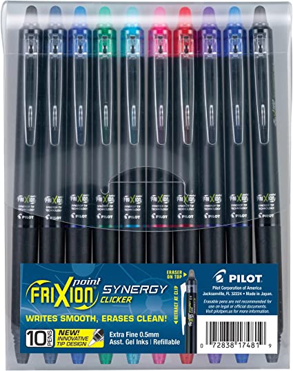 PILOT FriXion Synergy Clicker Erasable, Refillable & Retractable Gel Ink Pens, Extra Fine Point, Assorted Ink Colors, 10-Pack (17481)