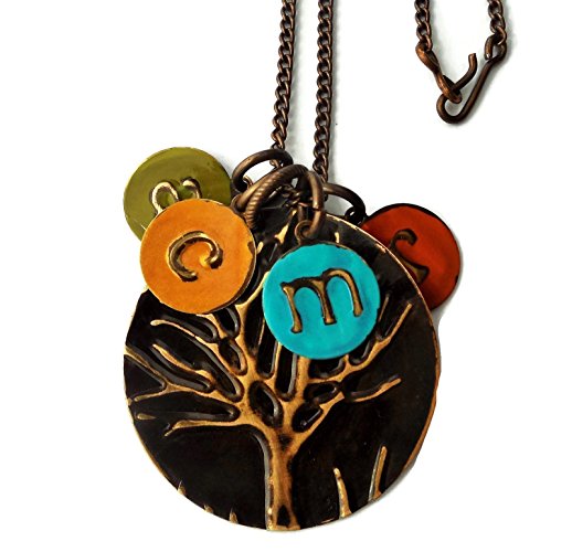 Mother's Day Gift for Mom Custom Made Pressed Brass Family Tree Necklace With 4 Hand Painted Initials in Moss Gold Turquoise and Rust