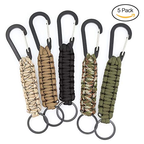 TIMGOU Paracord Keychain With Carabiner, Set of 5 Braided Lanyard Utility Ring Hook For Keys Knife Flashlight Outdoor Activity EDC Survival Kit
