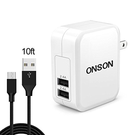 ONSON USB Wall Charger,4.8A 24W Dual USB Portable Travel Wall Charger with Foldable Plug   10FT Long Mirco USB Cable Android Charging Cord for Samsung Galaxy S7 Edge/S6 Edge/S5/S4,Note 5/4/,HTC-Black