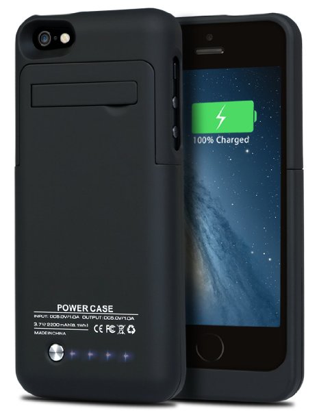iPhone 5S Battery Case, iPhone 5 Battery Case, HoneyAKE 2200mAh Rechargeable External Portable Charger Charging Case iPhone 5S Backup Power Bank for Apple iPhone 5/5S/SE -Black