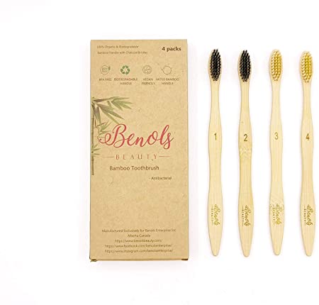 Benols Beauty ™ Bamboo Toothbrush - Pack of 4 Individually Numbered Eco-Friendly - Organic- Biodegradable Bamboo Handle and BPA Free Soft Nylon Bristles For Sensitive Gums