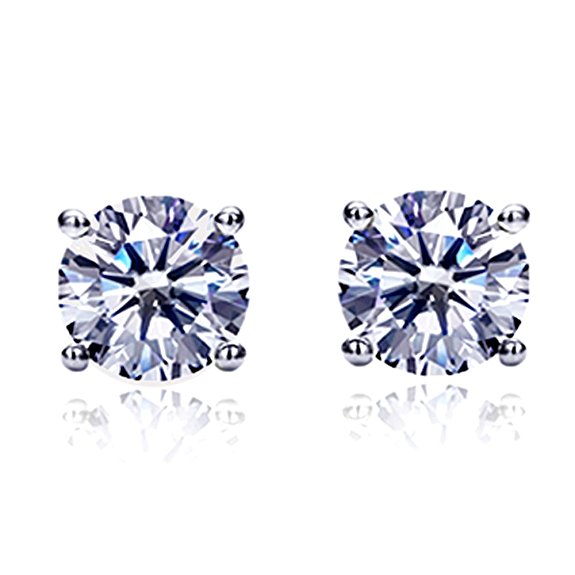 14K White Gold Round Cut Cubic Zirconia Basket Setting Solitaire Stud Earrings (Other Sizes)