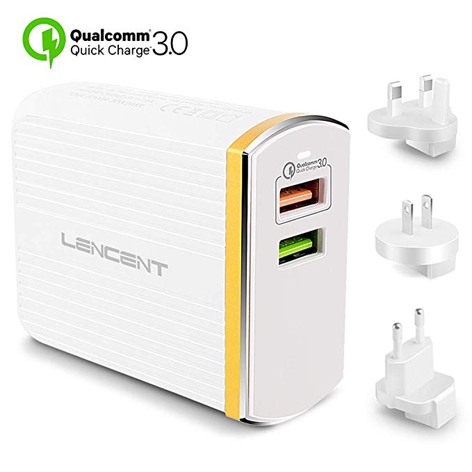 Lencent Wall Fast Charger, Quick Charge 3.0 30W USB Charger Plug, 2 Dual Ports and US/UK/EU Travel Adapter for iPhone, Galaxy, Note, LG, Sony Xperia XZ, Nexus 6 and More
