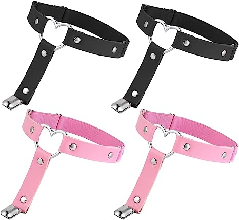 4 Pieces Heart Leg Garter Belt Adjustable Punk Gothic Leather Garter Thigh Garter with Anti-Slip Clips for Women Girl