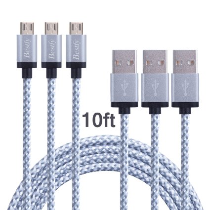 Bestfy 3Pack 10FT Extra Long Tangle-free Nylon Braided Micro USB 20 Power Cable Cord Wire With Aluminum Heads for Smartphones tablets MP3 players and More White