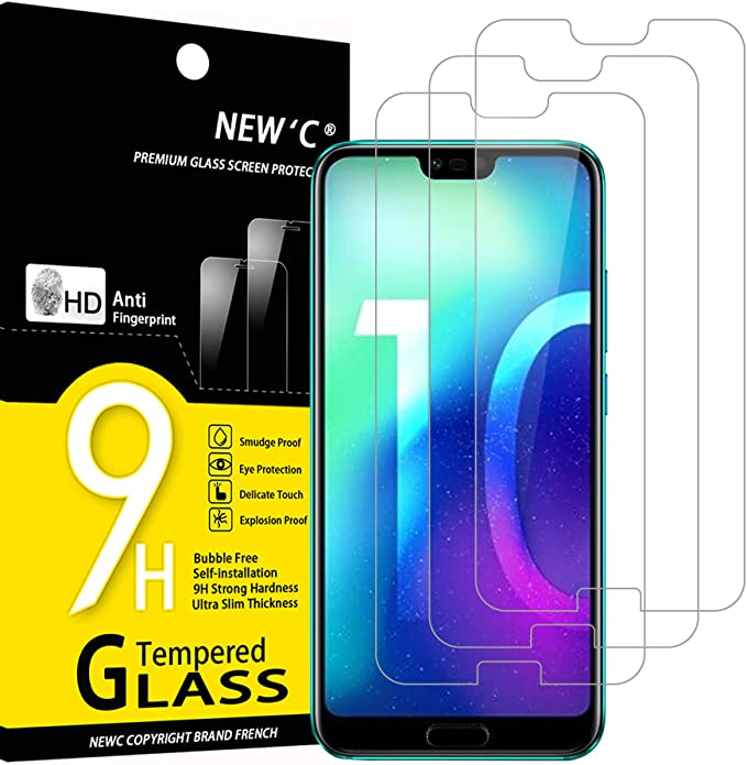 NEW'C 3 Unidades, Protector de Pantalla para Honor 10, Antiarañazos, Antihuellas, Sin Burbujas, Dureza 9H, 0.33 mm Ultra Transparente, Vidrio Templado Ultra Resistente