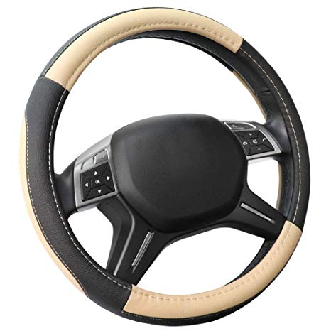 Cofit Microfiber Leather Steering Wheel Cover Universal Size 37-39cm Beige and Black