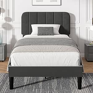 VECELO Twin Size Upholstered Bed Frame with Adjustable Headboard, Velvet Platform Bedframe Mattress Foundation, Strong Wood Slat Support, No Box Spring Needed,Dark Grey