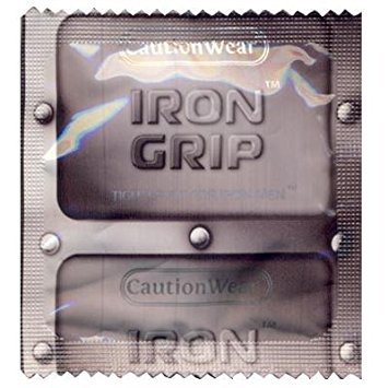 Caution Wear Iron Grip with Brass Lunamax Pocket Case, Snugger Fitting Lubricated Latex Condoms-24 Count