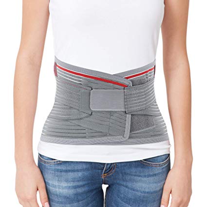 ORTONYX Lumbar Support Belt Lumbosacral Back Brace – Ergonomic Design and Breathable Material - M-L (Waist 31.5"-39.4") Gray/Red