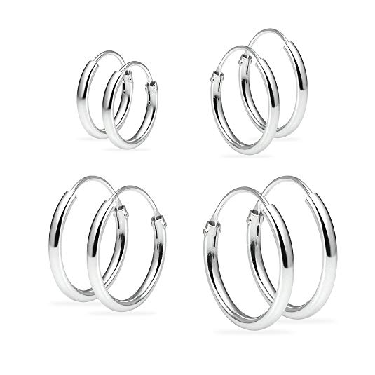 Set of Four Sterling Silver Small Endless 1.2mm x 10mm, 12mm, 14mm &16mm Lightweight Thin Round Unisex Hoop Earrings Assorted Colors