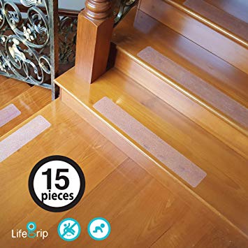 (15Pieces) LifeGrip Anti-Slip Fine Resilient Safety Stair Treads, Non Slip Tape, 4" X 28", Soft, for Bare Foot (Ultra Clear)