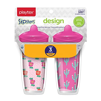 Playtex Sipsters Stage 3 Design Selections Spill-Proof, Leak-Proof, Break-Proof Insulated Spout Cup for Girls, 9 Ounce - 2 Pack