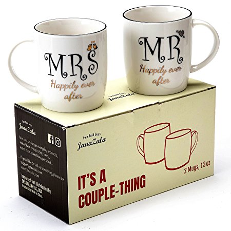 Janazala Happily Ever After Mr and Mrs Coffee Mugs For Couples, His and Hers Unique Anniversary Gifts, Friends Engagement Wedding Married Parents Gift For Them, With Gold Print, 13 oz Couple Cups