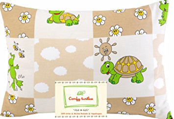 Toddler pillowcase by Comfy Turtles, 100% Cotton, or Get Your Kid’s Smile with Cute Animals of this Soft Hypoallergenic Pillow Cover (Beige Turtles)