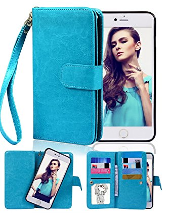 iPhone 6 Case, Crosspace iphone 6s Flip Wallet Case Premium PU Leather 2-in-1 Protective Magnetic Shell with Credit Card Holder/Slots and Wrist Lanyard for Apple Iphone 6/6s 4.7" (Blue)