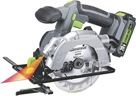 Genesis GLCS2055A 20V Cordless Lithium-Ion Battery-Powered 5 1/2" Circular Saw with Built-In Laser Guide, Electric Brake, 18T Carbide-Tipped Blade, Rip Guide, Battery, Charger, and Blade Wrench