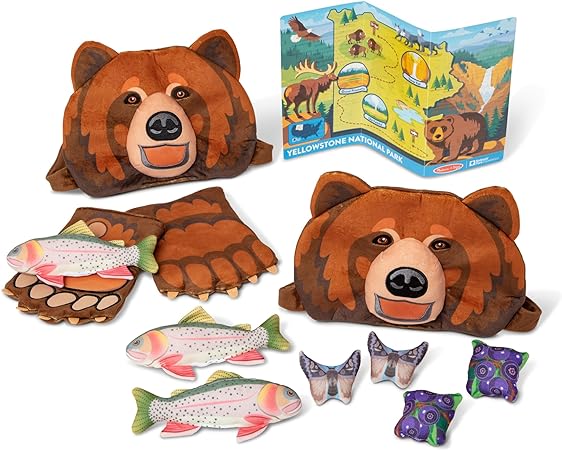 Melissa & Doug Yellowstone National Park Grizzly Bear Games and Pretend Play Set with Plush Bear Heads and Bear Paw Gloves - Kids Animal Activity for Preschoolers, Games for Boys and for Girls Age 3