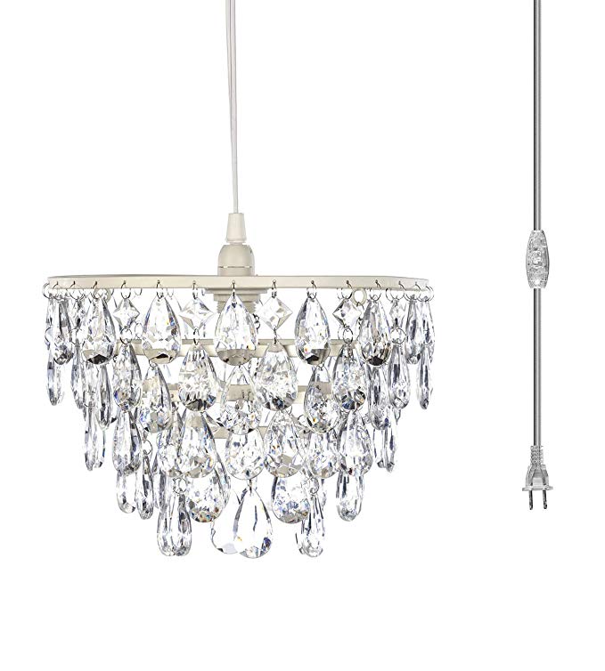 The Original Gypsy Color One Light Dome Chandelier Plug-in Pendant or Hanging Lamp with Five Tiers of Crystals H10"W11.5", White Metal Frame with Clear Poly-Carbonate Crystals
