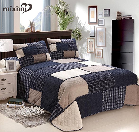 mixinni Cotton Geometric Pattern Bedding 3 Piece Bedspread Quilt Set With Two Matching Shams-(Navy Blue,Queen Size)