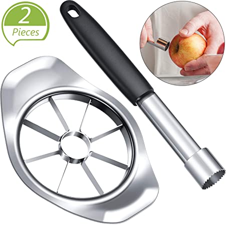 2 Pieces Fruit Cutter Divider Tool Include 1 Piece Fruit Slicer Corer Cutter and 1 Piece Stainless Steel Fruit Core Removal Tool Vegetable Corer for Kitchen Coring and Cutting