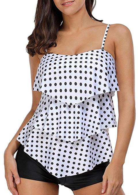 EVALESS Women's Polka Dot Print Spaghetti Straps Ruffle Layered Tankini Set Swimsuit