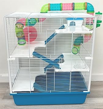 Extra Large Multi-Levels Deluxe Dwarf Hamster Mansion Mouse Habitat Gerbil House for Rodent Mice Rat with Crossover Tube Tunnel Expandable and Customizable (Blue, 23.5" L x 14.5W x 27.5" H, 5-Levels)
