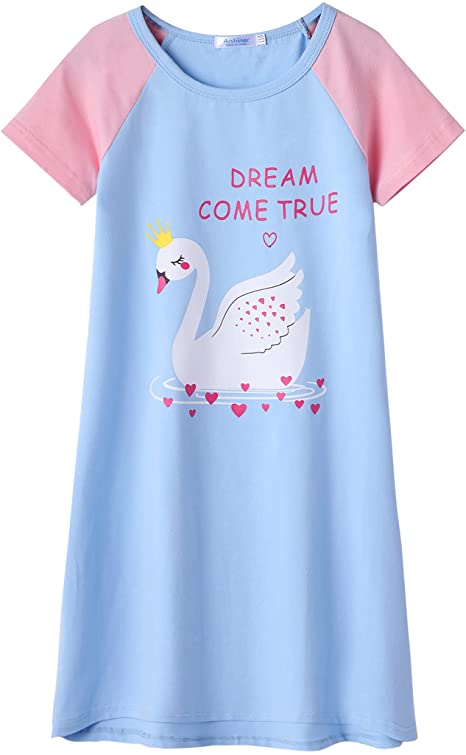 Arshiner Girls' Unicorn Printed Short Sleeve Cotton Nightgown Sleepwear Summer Casual Dresses for Girls