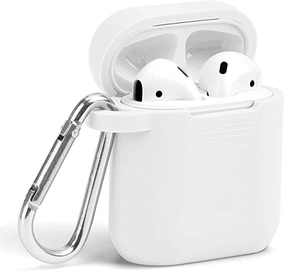 AirPods Case, GMYLE Silicone Protective Shockproof Wireless Charging Airpods Earbuds Case Cover Skin with Keychain Accessory kit Set Compatible for Apple AirPods 1 & 2 2016-2019 - White