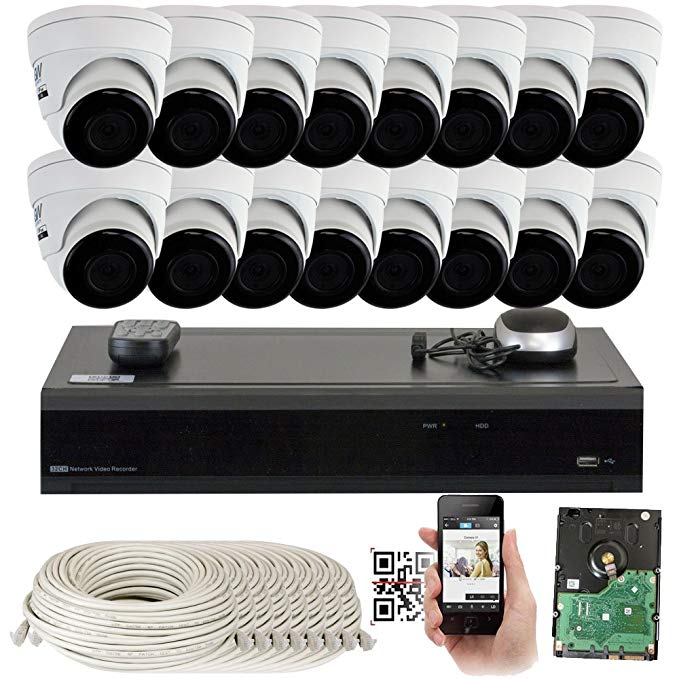 GW 16 Channel H.265 PoE NVR Ultra-HD 4K (3840x2160) Security Camera System with 16 x 4K (8MP) IP Dome Camera, 100ft Night Vision, Weatherproof Surveillance Camera