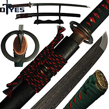 DTYES Handmade Japanese Samurai Katana Sword/Ninja Sword/Shirasaya, Functional, Hand Forged, 1060/1095/T10 Carbon Steel/Damascus Steel, Heat Tempered/Clay Tempered, Full Tang, Sharp, Wooden Scabbard