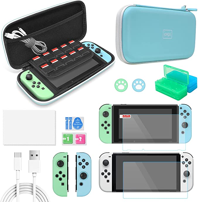 Accessories Kit Bundle for Switch OLED, 12 in 1 Essential Protection Kits Carrying Case for Nintendo Switch OLED Model 2021, Game Storage Case, Screen Protector, Silicone Cover Skin for OLED Joy Con (Light blue)