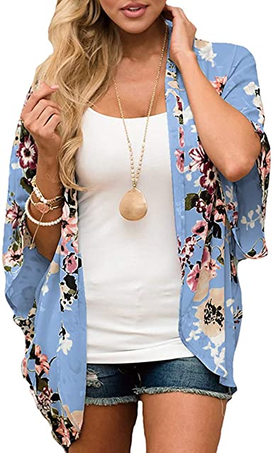 Womens Floral Chiffon Casual Cardigan - Bikini Half Sleeve Kimono Shawl Sun Protection Blouses Beach Wear Cover ups