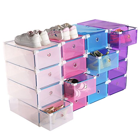 Chinashow Clear Foldable Shoe Storage Boxes，Multifunction Plastic Transparent Stackable Shoe Storage System with Drawer (4, Blue)