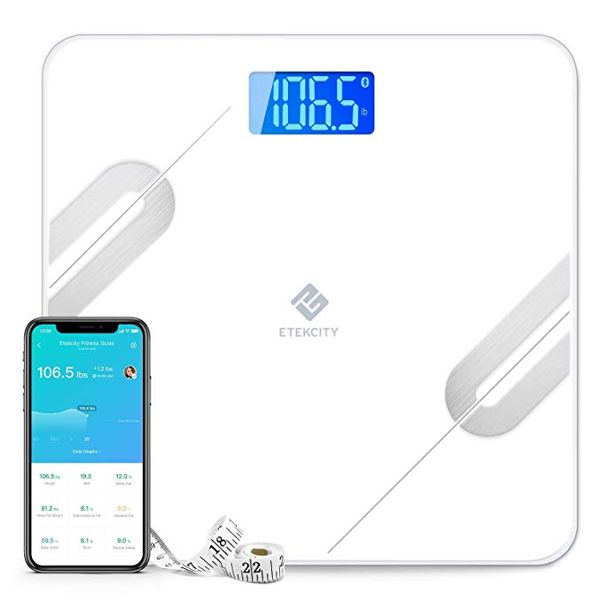 Etekcity Bluetooth Body Fat Scale, Smart BMI Weight Scale Digital Bathroom Wireless Scale, Body Composition Analyzer for 12 Essential Measurements with IOS/Android App, Larger Glass Platform and Large Display, 400lbs - White