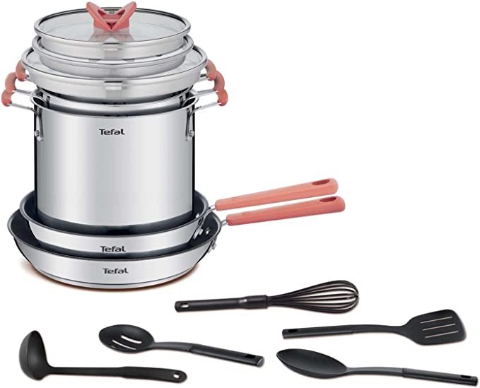 Tefal G721SD74 Opti'Space 10-Piece Pots & Pans Set, Stainless Steel, Stackable, Non-Stick,22cm Pasta Pot, 24 & 28cm Frying Pan  5 Tools