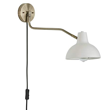 Rivet Industrial Swiveling Arm Plug-In, Hardwire. or 2-in-1 Option Wall Sconce Light with Bulb, 11.4"H, Matte White and Antique Brass