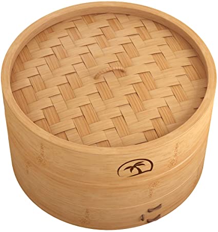 DEALZNDEALZ 08 inch Handmade Natural Bamboo Dumpling Steamer 2 Tiers Basket with Lid includes 50 Wax Papers, 2 Pair of Chopsticks – Perfect for Asian Cooking