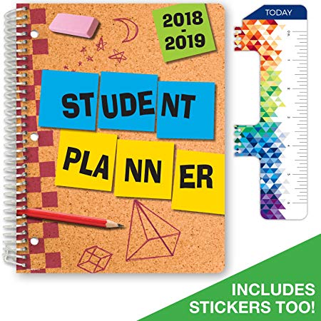 Dated Elementary Student Planner for Academic Year 2018-2019 (Matrix Style - 8.5"x11" - Cork Board Cover) - Bonus Ruler/Bookmark and Planning Stickers
