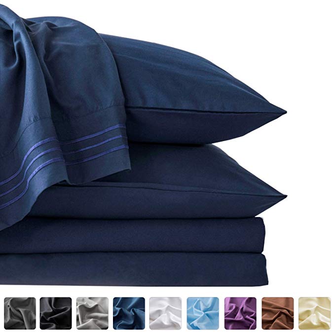 LIANLAM Queen Bed Sheets Set - Super Soft Brushed Microfiber 1800 Thread Count - Breathable Luxury Egyptian Sheets 16-Inch Deep Pocket - Wrinkle and Hypoallergenic-6 Piece（Navy Blue，Queen）